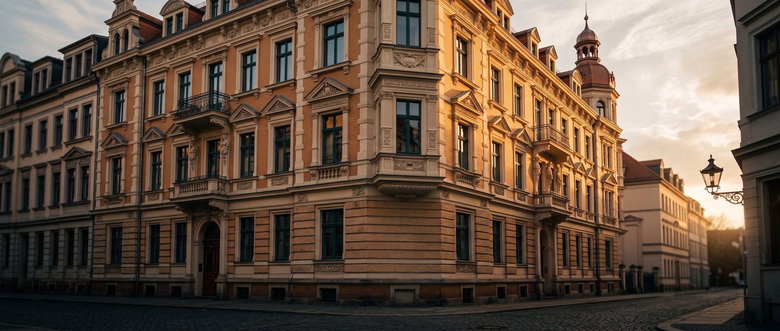 Gründerzeit-Eckhaus im warmen Abendlicht, Klinker- und Sandsteinfassade mit Türmchen