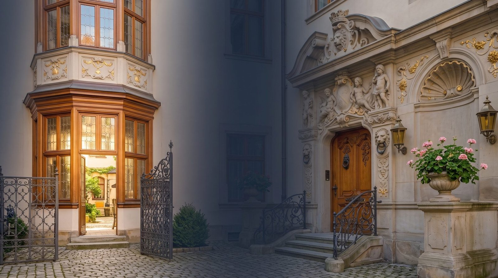 Geöffnete Tür zu einem Altbau-Innenhof, dahinter ein begrünter Durchgang